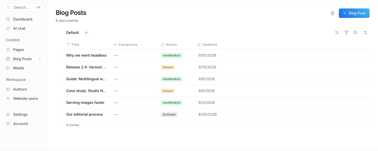 The “Blog Posts” collection in Nevo CMS