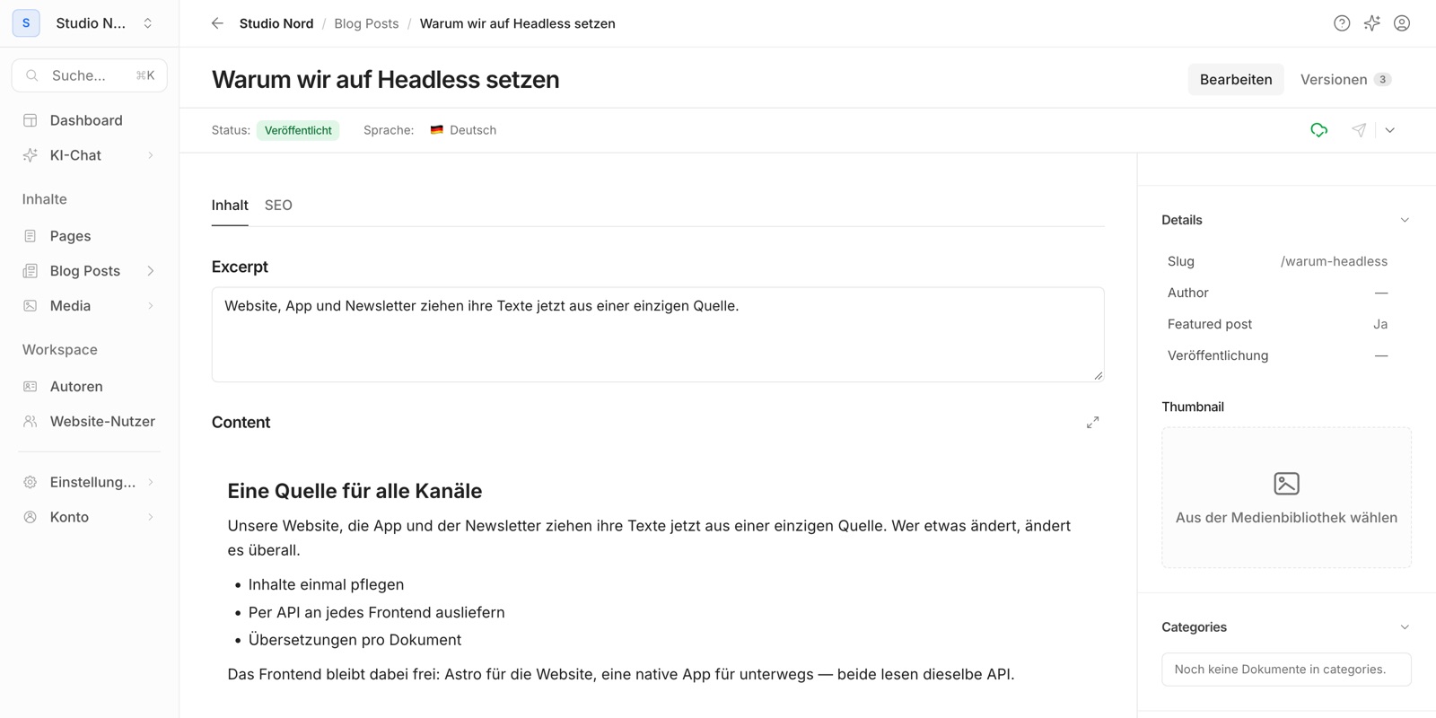Ein Blogbeitrag im Editor von Nevo CMS