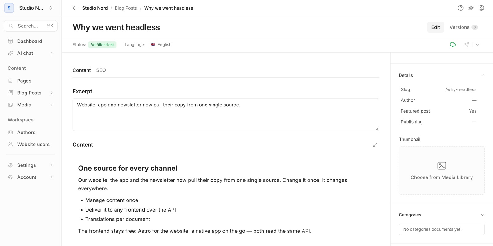 A blog post in the Nevo CMS editor