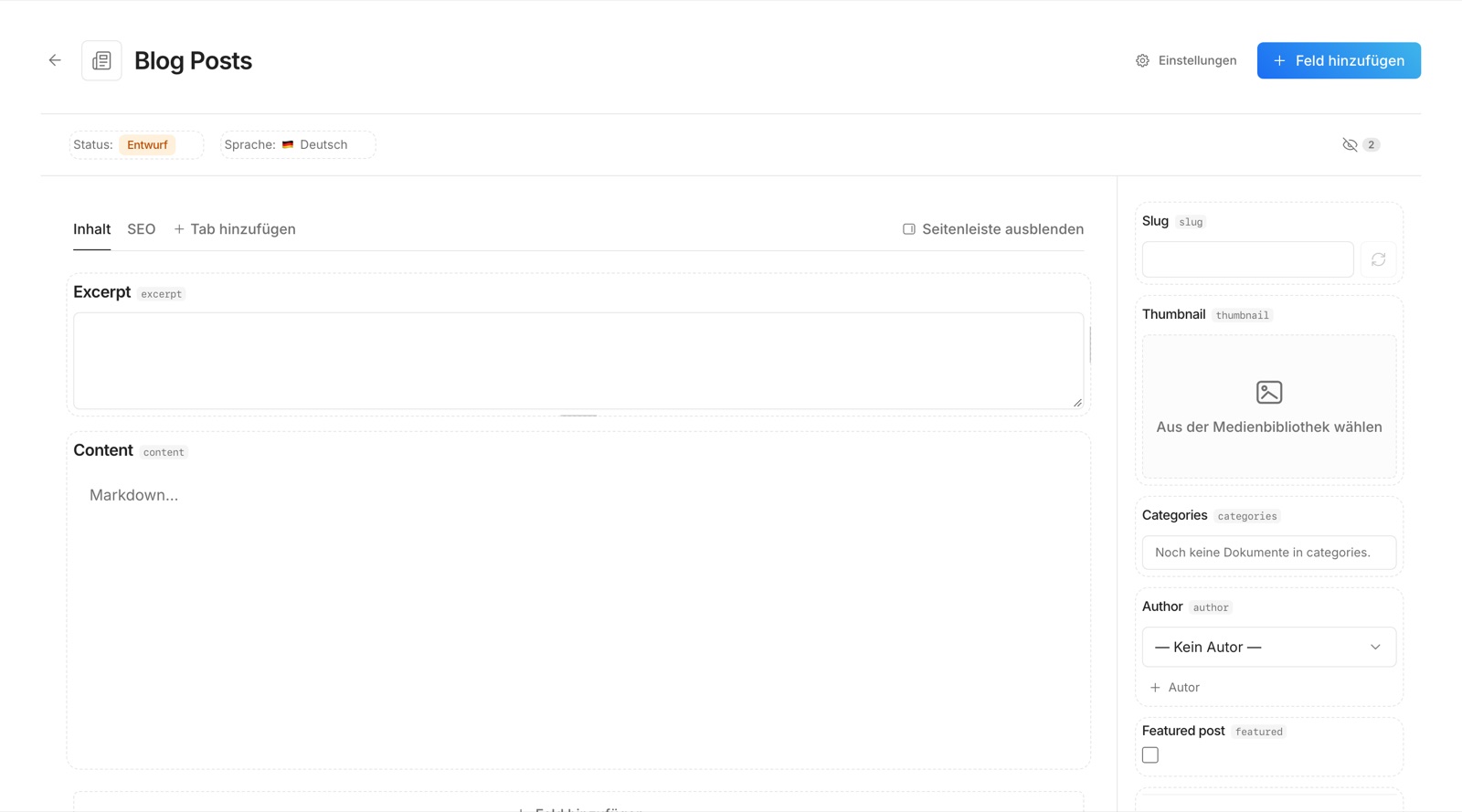 Der Feld-Builder einer Collection in Nevo CMS