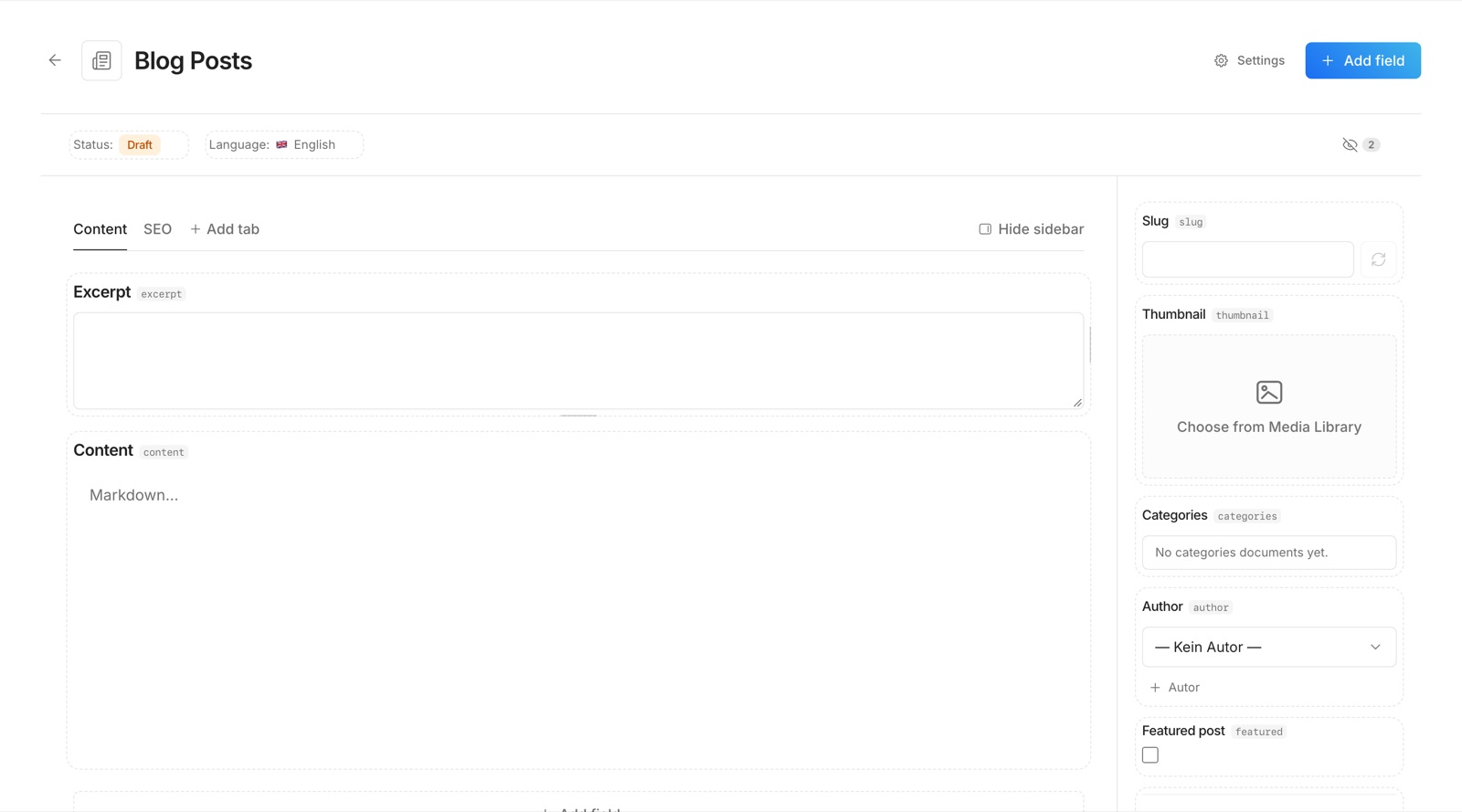 The field builder of a collection in Nevo CMS